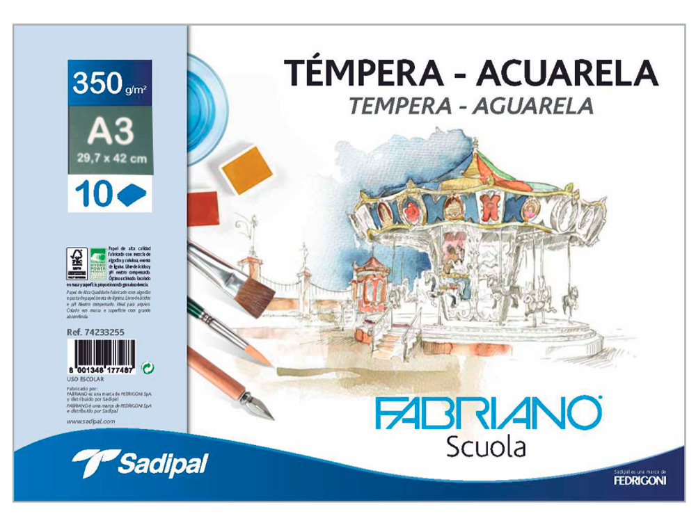 BLOC DIBUJO ACUARELA SADIPAL FABRIANO ESPIRAL DIN A3 10 HOJAS 350 G/M2 GRANO SUAVE