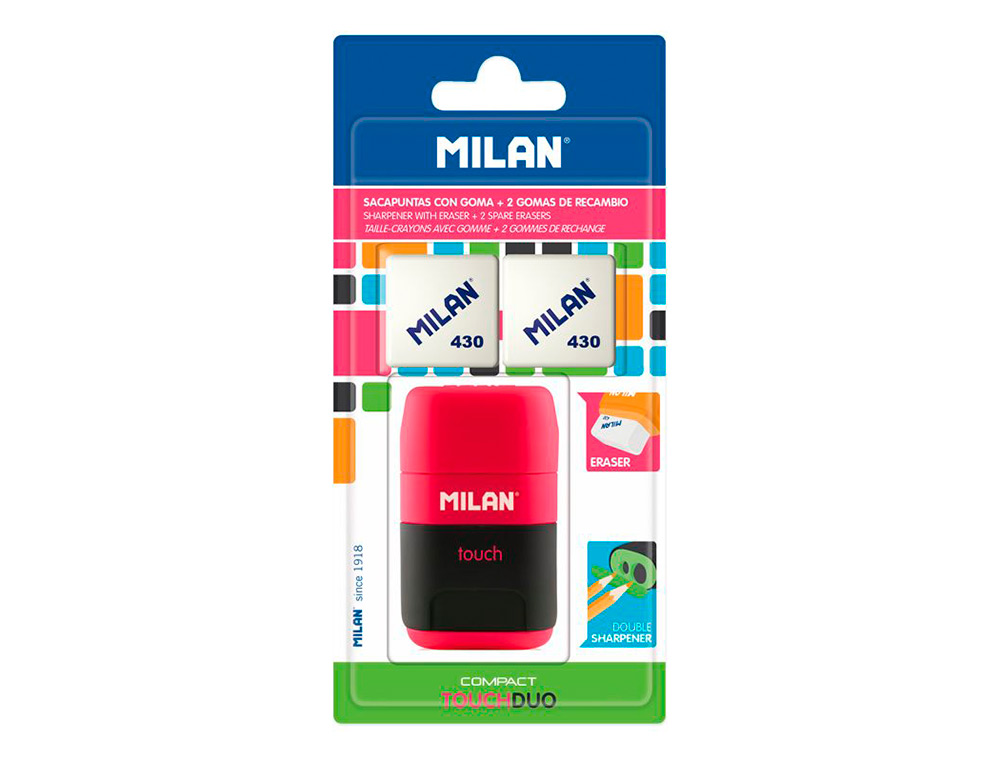 SACAPUNTAS MILAN COMPACT TOUCH DUO PLASTICO 2 USOS CON GOMA + 2 RECAMBIOS DE GOMA EN BLISTER