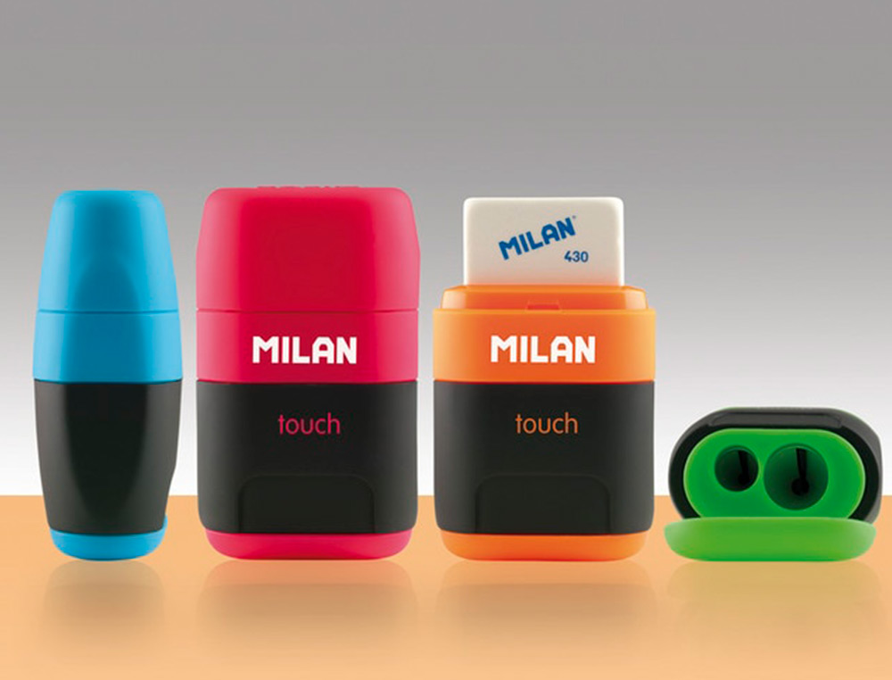 SACAPUNTAS MILAN COMPACT TOUCH DUO PLASTICO 2 USOS CON GOMA + 2 RECAMBIOS DE GOMA EN BLISTER