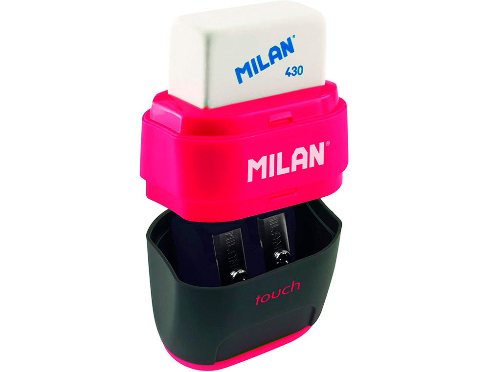 SACAPUNTAS MILAN COMPACT TOUCH DUO PLASTICO 2 USOS CON GOMA + 2 RECAMBIOS DE GOMA EN BLISTER