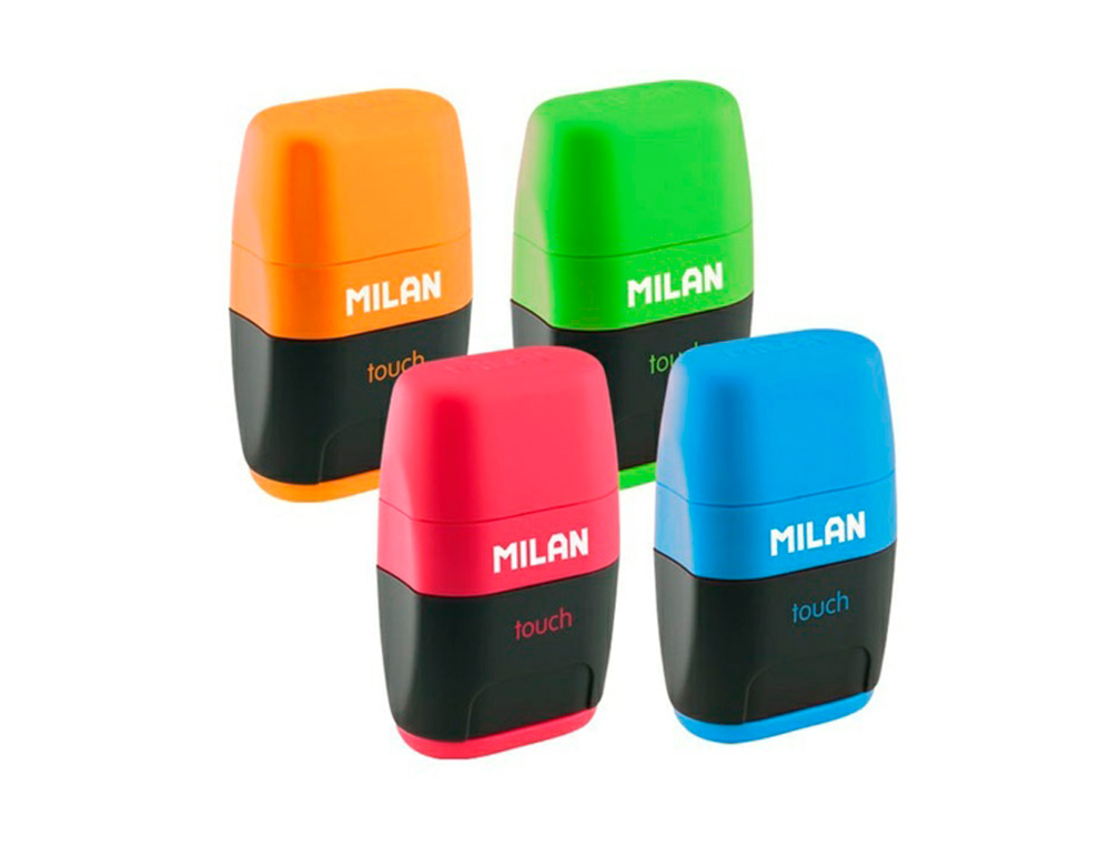 SACAPUNTAS MILAN COMPACT TOUCH DUO PLASTICO 2 USOS CON GOMA + 2 RECAMBIOS DE GOMA EN BLISTER