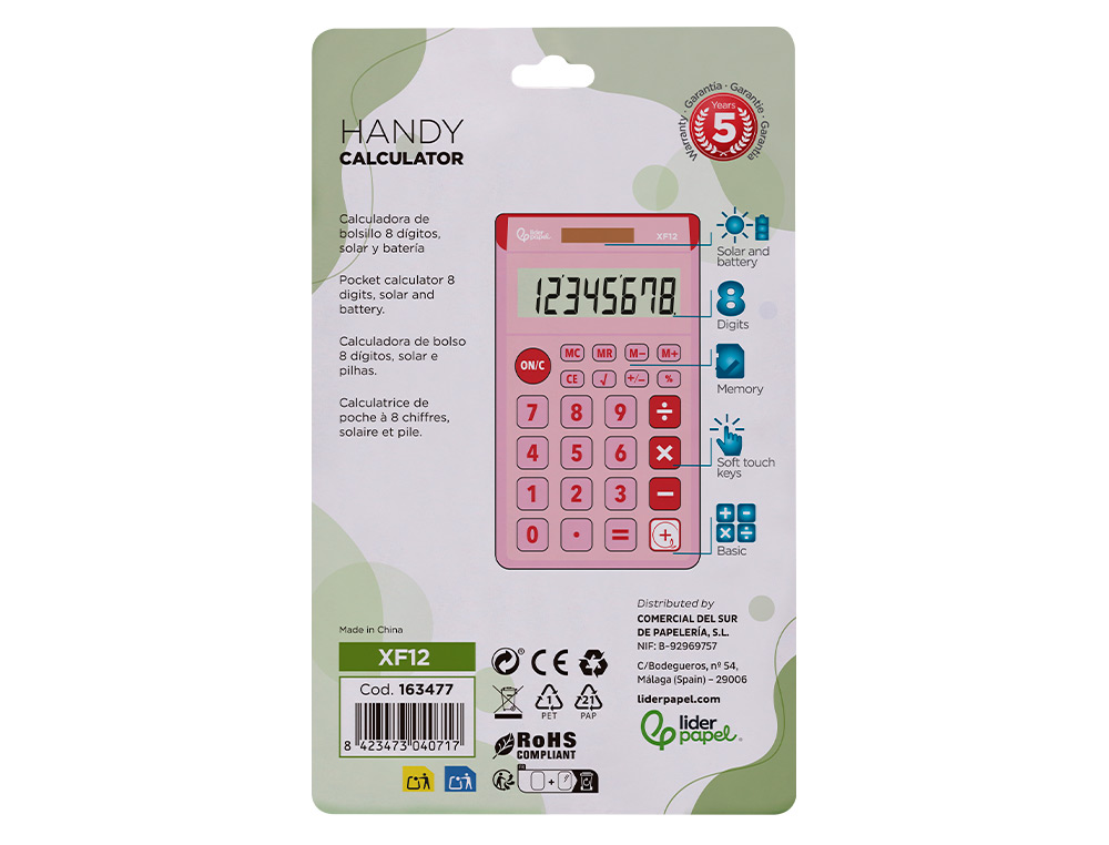 CALCULADORA LIDERPAPEL BOLSILLO XF12 8 DIGITOS SOLAR Y PILAS COLOR ROSA 115X65X8 MM