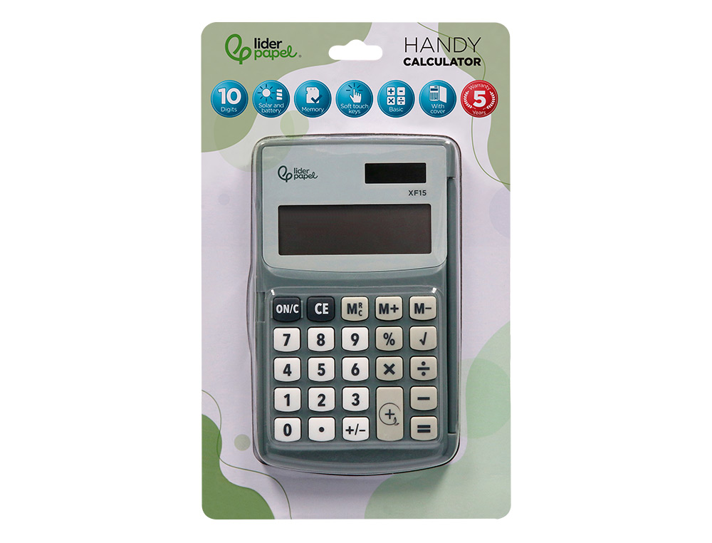 CALCULADORA LIDERPAPEL BOLSILLO XF15 10 DIGITOS CON TAPA SOLAR Y PILAS COLOR GRIS 123X75X12 MM
