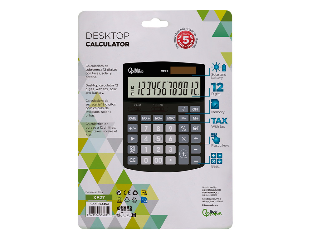 CALCULADORA LIDERPAPEL SOBREMESA XF27 12 DIGITOS TASAS SOLAR Y PILAS COLOR NEGRO 155X115X25 MM