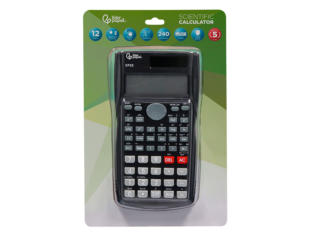 CALCULADORA LIDERPAPEL CIENTIFICA XF33 12 DIGITOS 240 FUNCIONES CON TAPA SOLAR Y PILAS COLOR NEGRO 156X85X20