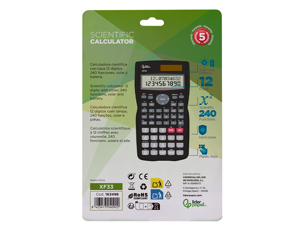 CALCULADORA LIDERPAPEL CIENTIFICA XF33 12 DIGITOS 240 FUNCIONES CON TAPA SOLAR Y PILAS COLOR NEGRO 156X85X20