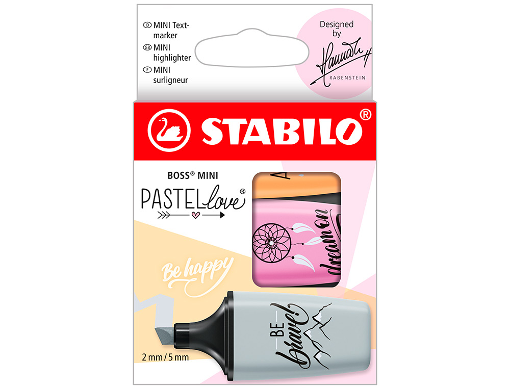 ROTULADOR STABILO BOSS MINI PASTEL LOVE ESTUCHE DE 3 UNIDADES FUCSIA HELADO/NARANJA PALIDO/GRIS