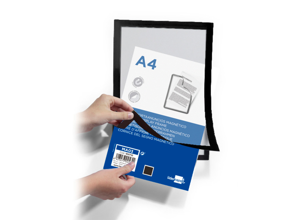 MARCO PORTA ANUNCIOS LIDERPAPEL MAGNETICO DIN A4 DORSO ADHESIVO REMOVIBLE COLOR NEGRO
