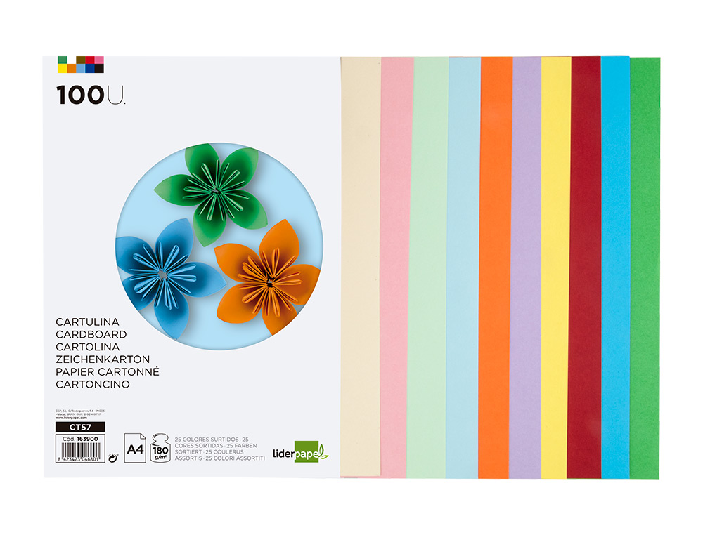 CARTULINA LIDERPAPEL A4 180G/M2 25 COLORES SURTIDOS PAQUETE DE 100 HOJAS