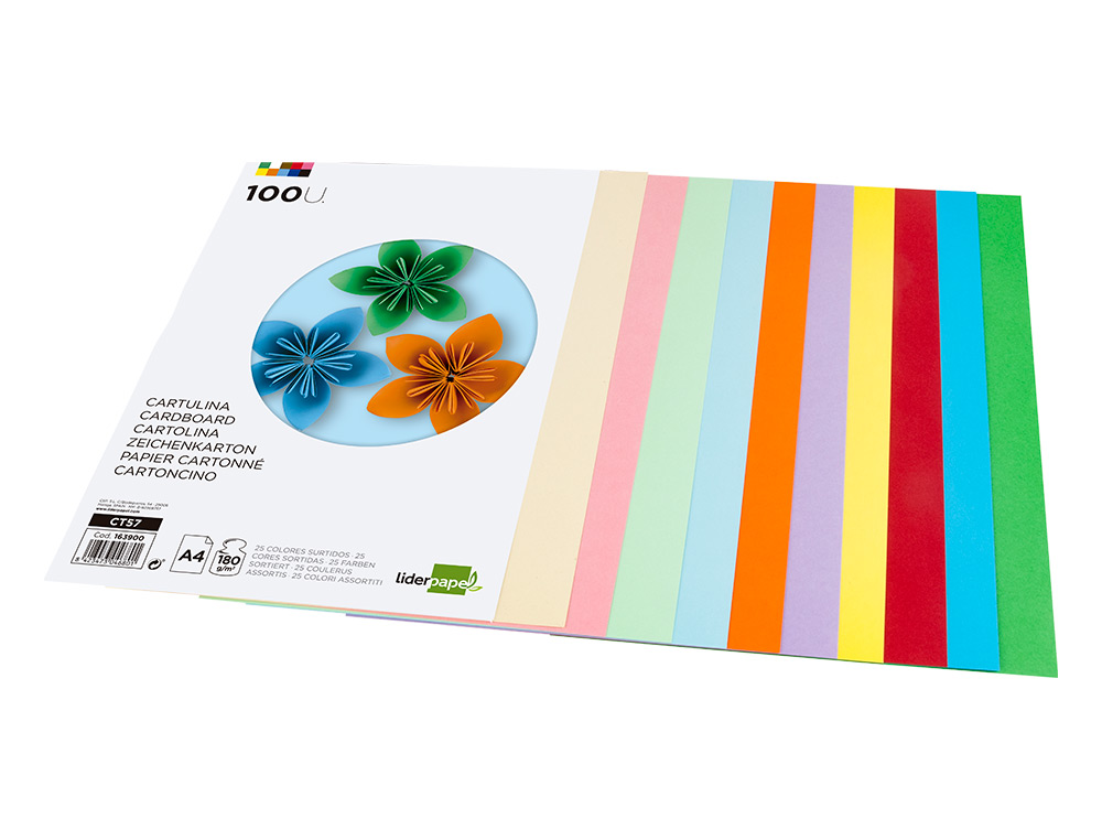 CARTULINA LIDERPAPEL A4 180G/M2 25 COLORES SURTIDOS PAQUETE DE 100 HOJAS