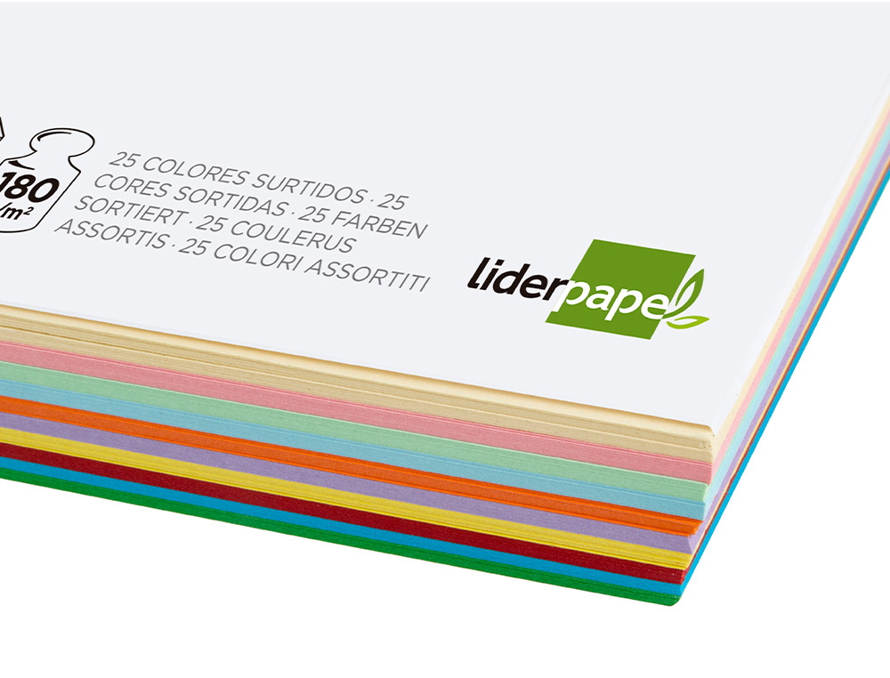 CARTULINA LIDERPAPEL A4 180G/M2 25 COLORES SURTIDOS PAQUETE DE 100 HOJAS