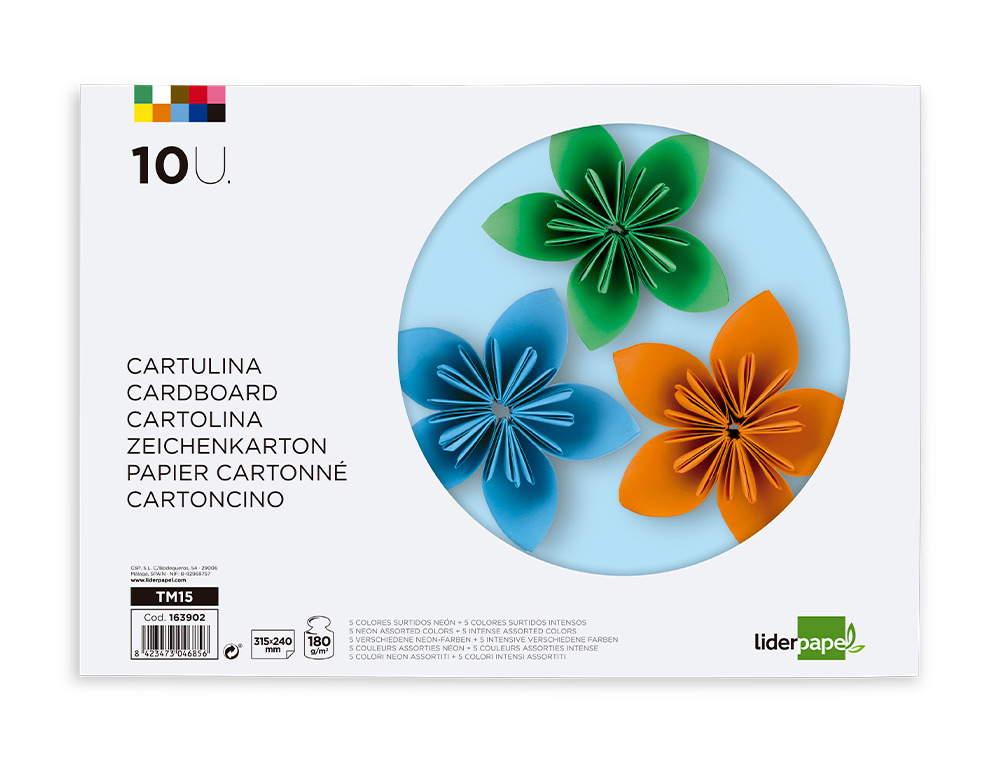 BLOC TRABAJOS MANUALES LIDERPAPEL CARTULINA 240X315MM 10 HOJAS 5 COLORES NEON + 5 COLORES INTENSOS