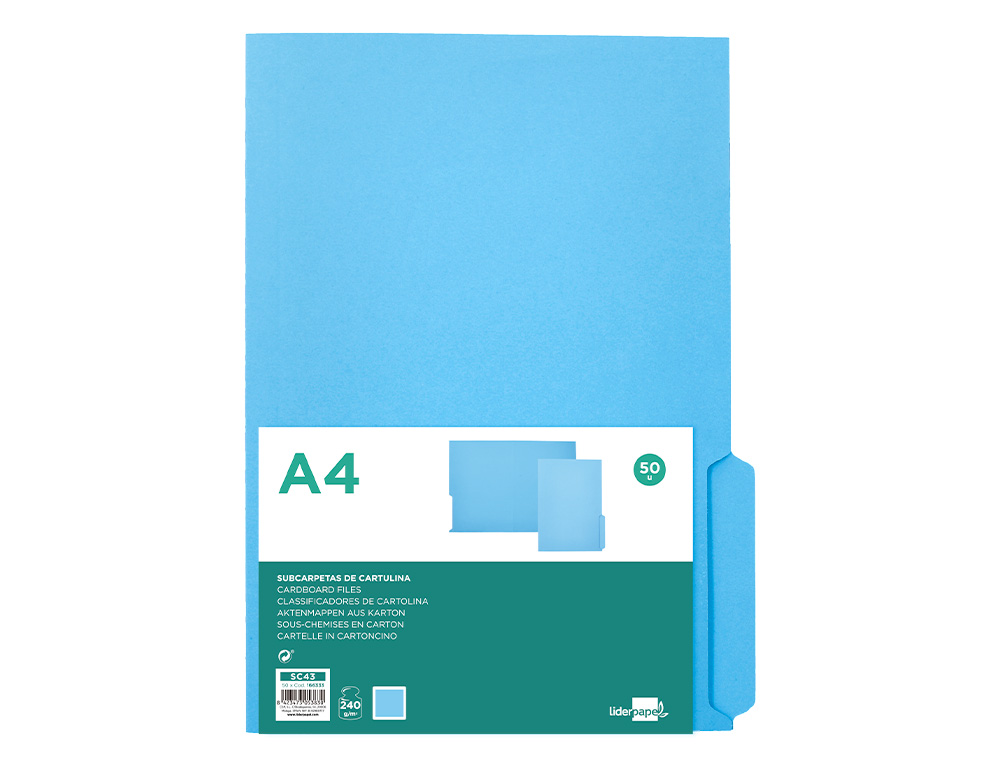 SUBCARPETA CARTULINA LIDERPAPEL DIN A4 PESTAÑA DERECHA 240G/M2 AZUL
