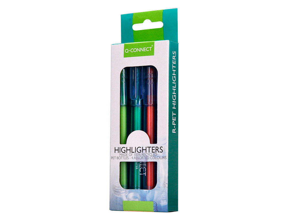 ROTULADOR Q-CONNECT FLUORESCENTE PUNTA BISELADA FABRICADO PET RECICLADO CAJA DE 4 UNIDADES COLORES SURTIDOS