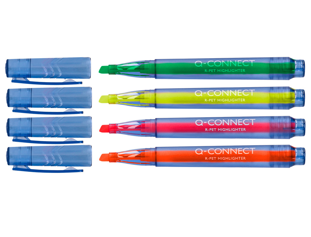 ROTULADOR Q-CONNECT FLUORESCENTE PUNTA BISELADA FABRICADO PET RECICLADO CAJA DE 4 UNIDADES COLORES SURTIDOS