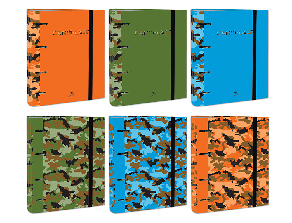CARPETA DE 4 ANILLAS DE 40 MM MIXTAS CARTON FORRADO FOLIO COLORES SURTIDOS CAMUFLAJE 6 DISEOS
