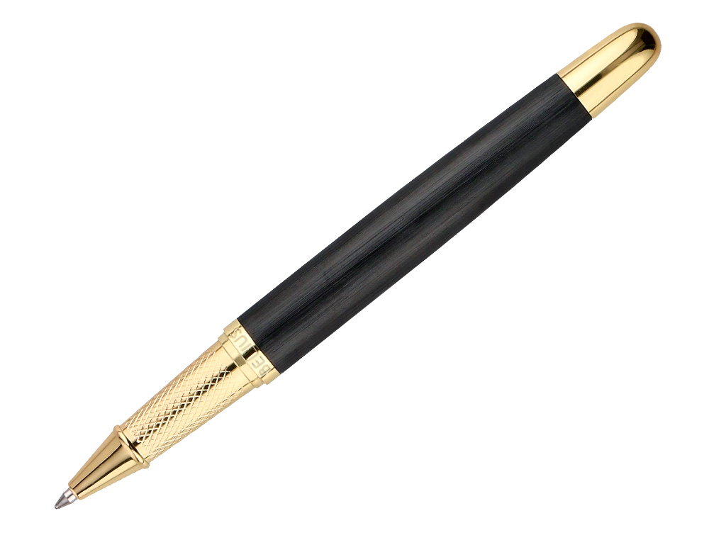 BOLIGRAFO BELIUS PASSION DOR ALUMINIO TEXTURA CEPILLADA COLOR NEGRO Y DORADO TINTA AZUL CAJA DE DISEÑO