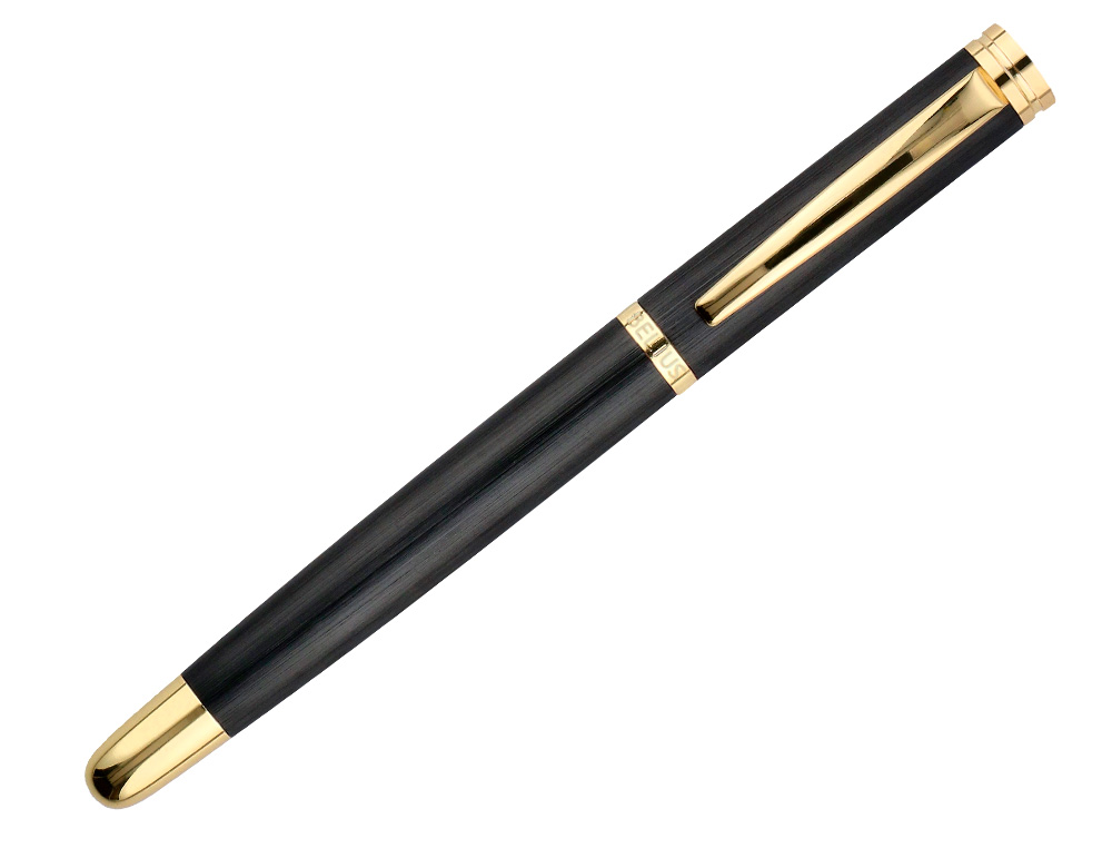PLUMA Y ESTUCHE CUERO BELIUS PASSION DOR ALUMINIO TEXTURA CEPILLADA COLOR NEGRO Y DORADO TINTA AZUL CAJA DISEÑO
