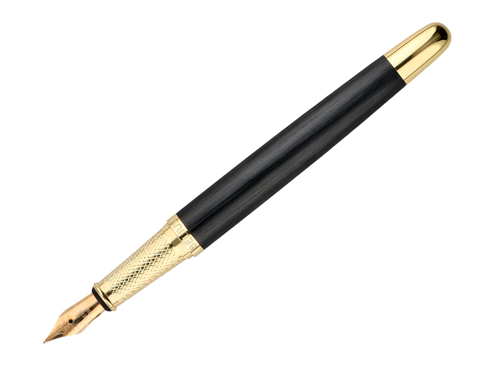 PLUMA Y ESTUCHE CUERO BELIUS PASSION DOR ALUMINIO TEXTURA CEPILLADA COLOR NEGRO Y DORADO TINTA AZUL CAJA DISEÑO