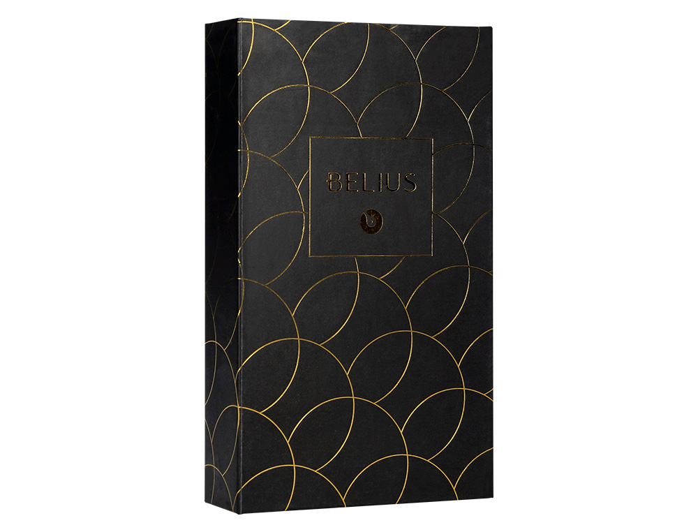 PLUMA Y ESTUCHE CUERO BELIUS PASSION DOR ALUMINIO TEXTURA CEPILLADA COLOR NEGRO Y DORADO TINTA AZUL CAJA DISEÑO