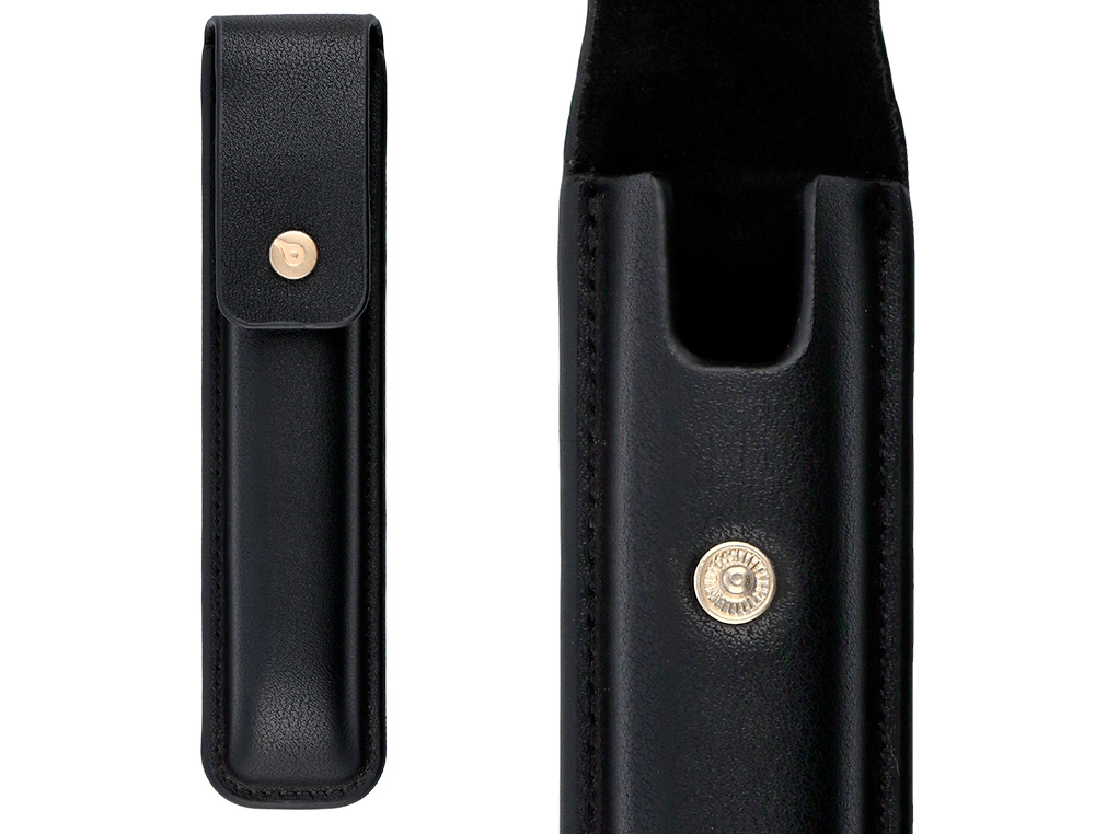 PLUMA Y ESTUCHE CUERO BELIUS PASSION DOR ALUMINIO TEXTURA CEPILLADA COLOR NEGRO Y DORADO TINTA AZUL CAJA DISEÑO