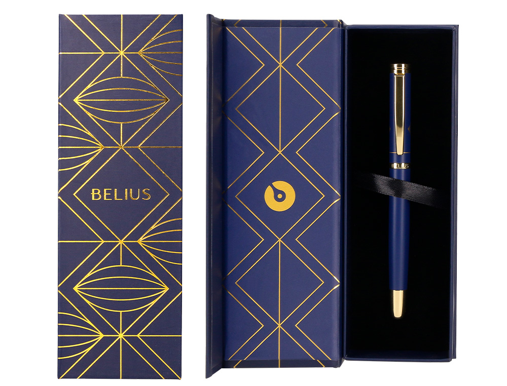 PLUMA BELIUS SOIREE ALUMINIO COLOR ART DECO AZUL MARINO Y DORADO TINTA AZUL CAJA DE DISEO