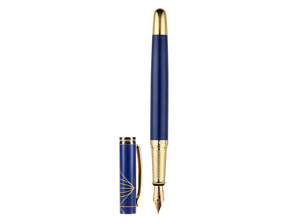 PLUMA BELIUS SOIREE ALUMINIO COLOR ART DECO AZUL MARINO Y DORADO TINTA AZUL CAJA DE DISEO