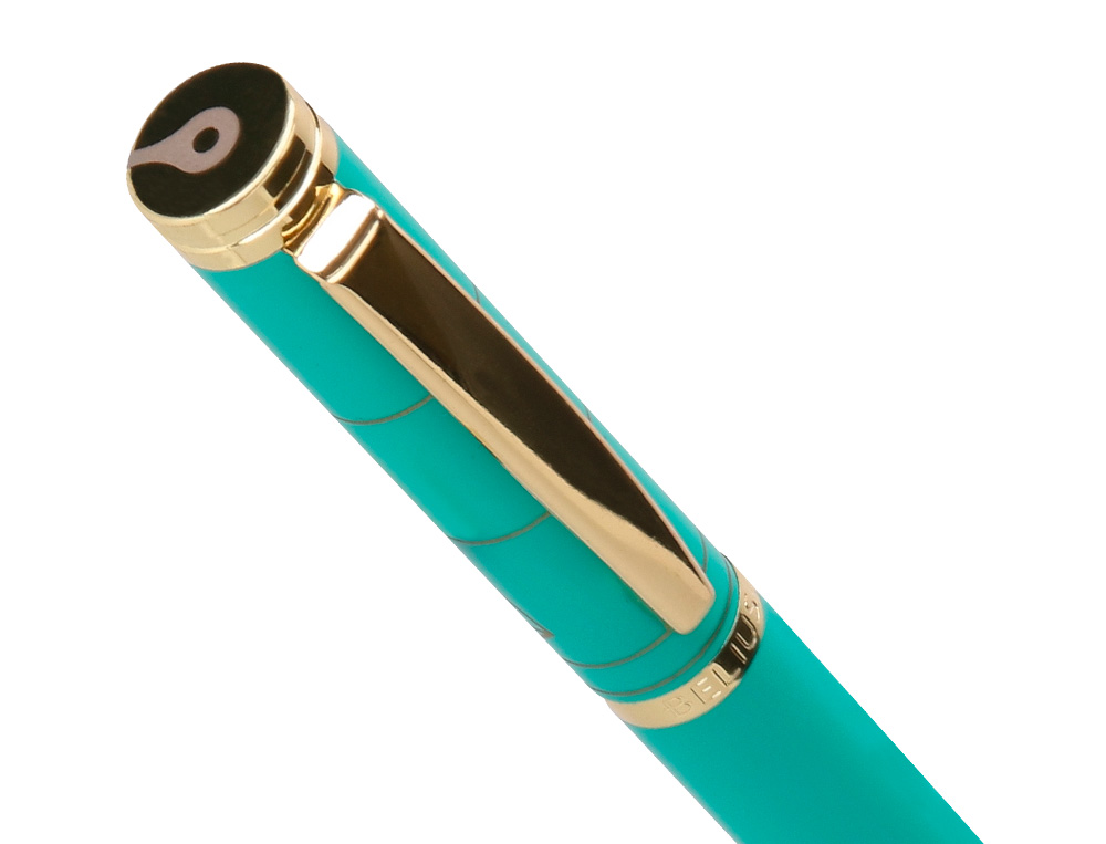 BOLIGRAFO BELIUS SOIREE ALUMINIO COLOR ART DECO TURQUESA Y DORADO TINTA AZUL CAJA DE DISEÑO