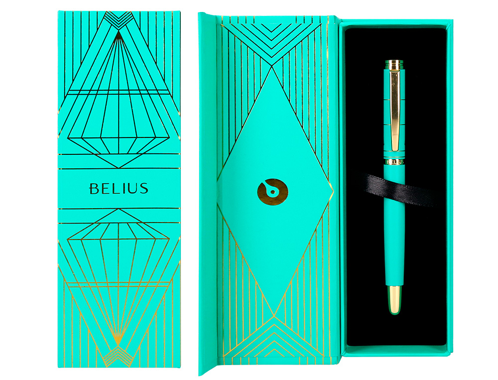 BOLIGRAFO BELIUS SOIREE ALUMINIO COLOR ART DECO TURQUESA Y DORADO TINTA AZUL CAJA DE DISEÑO