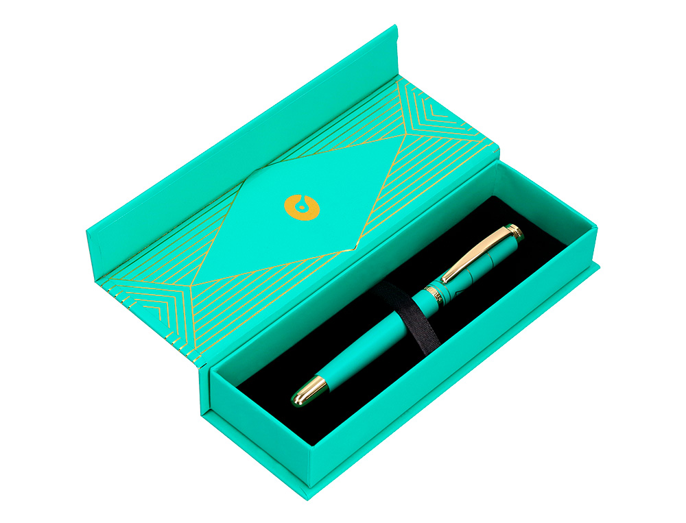 BOLIGRAFO BELIUS SOIREE ALUMINIO COLOR ART DECO TURQUESA Y DORADO TINTA AZUL CAJA DE DISEÑO