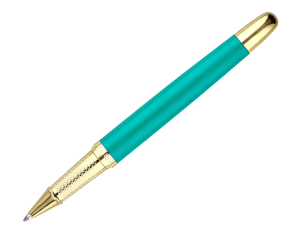 BOLIGRAFO BELIUS SOIREE ALUMINIO COLOR ART DECO TURQUESA Y DORADO TINTA AZUL CAJA DE DISEÑO