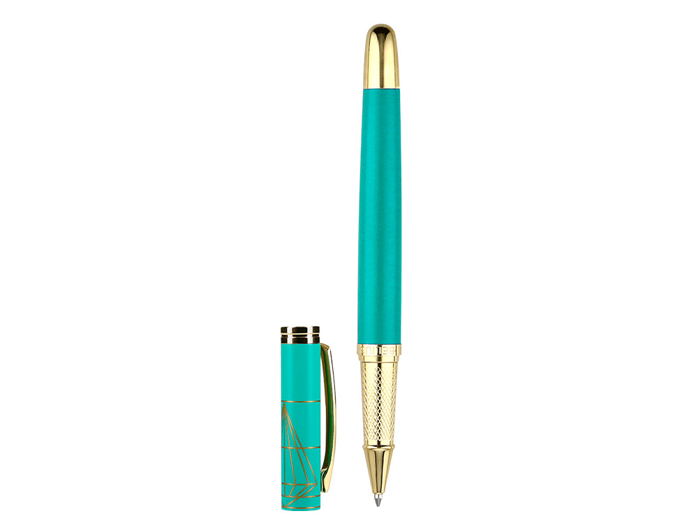 BOLIGRAFO Y ESTUCHE BELIUS SOIREE COLOR ART DECO TURQUESA Y DORADO TINTA AZUL CAJA DE DISEO