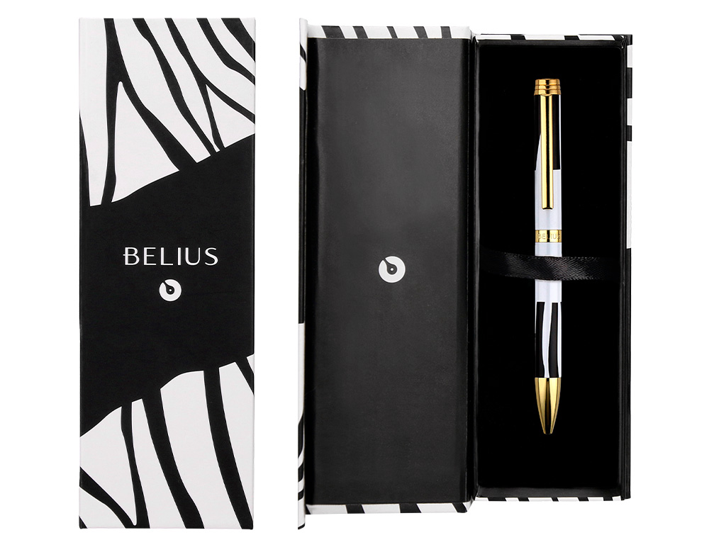 BOLIGRAFO BELIUS DUALITA CUERPO BLANCO COLOR NEGRO TINTA AZUL CAJA DE DISEÑO