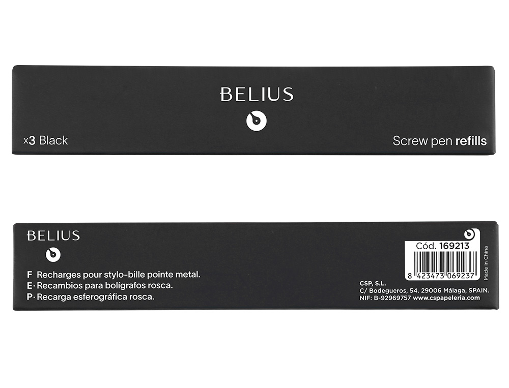 RECAMBIO BOLIGRAFO BELIUS CON ROSCA NEGRO CAJA 3 UNIDADES