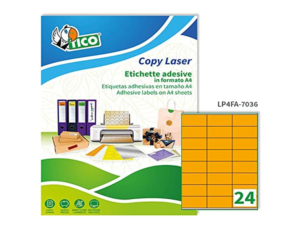 ETIQUETA ADHESIVA TICO NARANJA FLUORESCENTESES PERMANENTE FSCLASER/INKJET/FOTOCOPIA70X36 MM CAJA DE 1680 UNIDADES