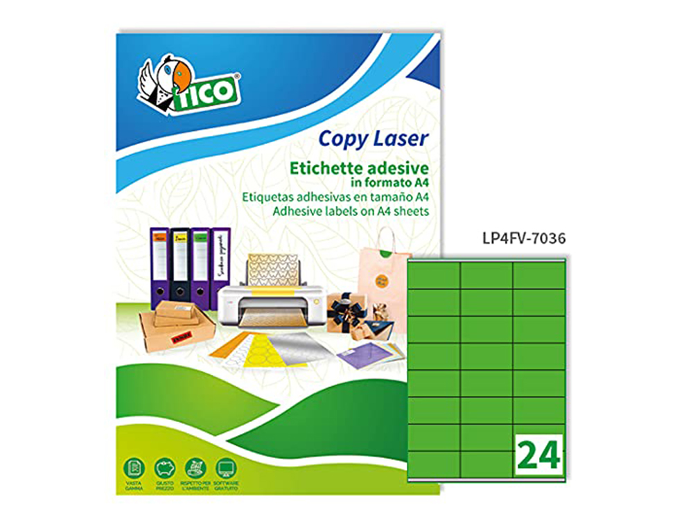 ETIQUETA ADHESIVA TICO VERDE F LUORESCENTES PERMANENTE FSC LASER/INKJET/FOTOCOPIA 70X36 MMCAJA DE 1680 UNIDADES