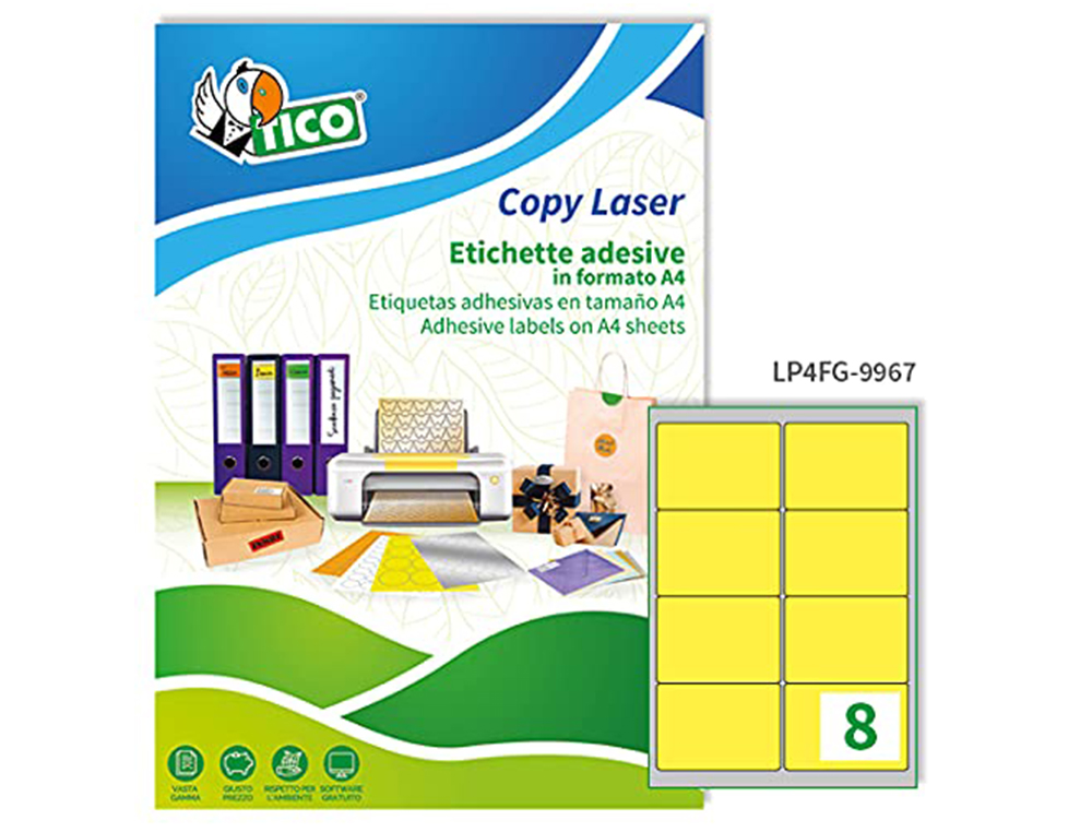 ETIQUETA ADHESIVA TICO AMARILL O FLUORESCENTES PERMANENTE FSCLASER/INKJET/FOTOCOPIA 99,1X67,7 MM CAJA DE 560 UNIDADES