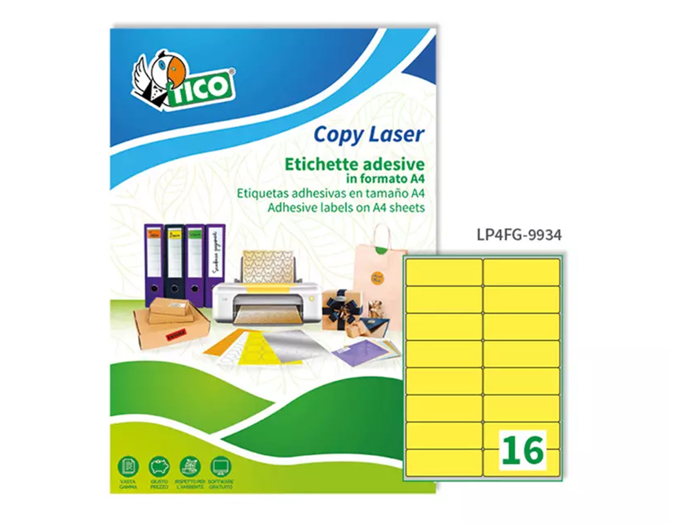 ETIQUETA ADHESIVA TICO AMARILL O FLUORESCENTES PERMANENTE FSCLASER/INKJET/FOTOCOPIA 99,1X34MM CAJA DE 1120 UNIDADES
