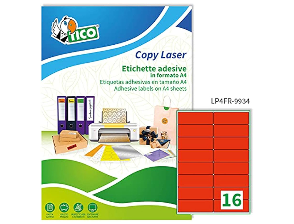 ETIQUETA ADHESIVA TICO ROJO FL UORESCENTES PERMANENTE FSC LASER/INKJET/FOTOCOPIA 99,1X34 MMCAJA DE 1120 UNIDADES