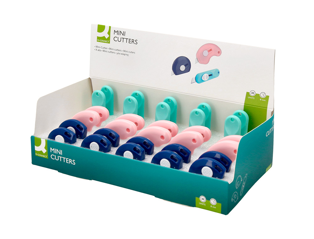 CUTER Q-CONNECT PLASTICO MINI DE SEGURIDAD RETRACTIL MODELOS Y COLORES SURTIDOS EXPOSITOR 30 UNIDADES
