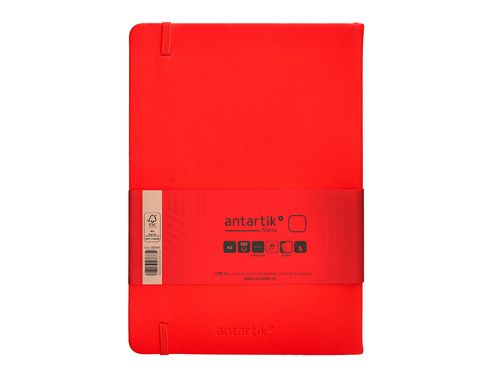CUADERNO CON GOMILLA ANTARTIK NOTES TAPA DURA A5 HOJAS LISAS ROJO 100 HOJAS 80 GR FSC