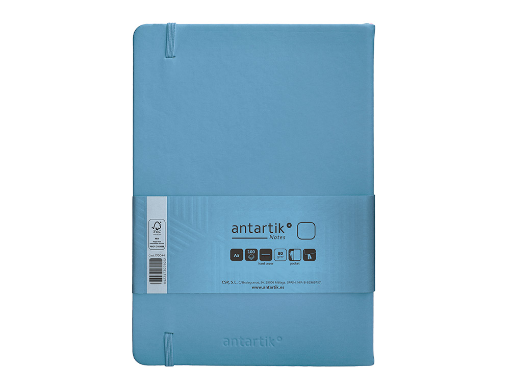 CUADERNO CON GOMILLA ANTARTIK NOTES TAPA DURA A5 HOJAS LISAS AZUL CLARO 100 HOJAS 80 GR FSC