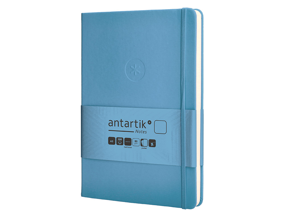 CUADERNO CON GOMILLA ANTARTIK NOTES TAPA DURA A5 HOJAS LISAS AZUL CLARO 100 HOJAS 80 GR FSC