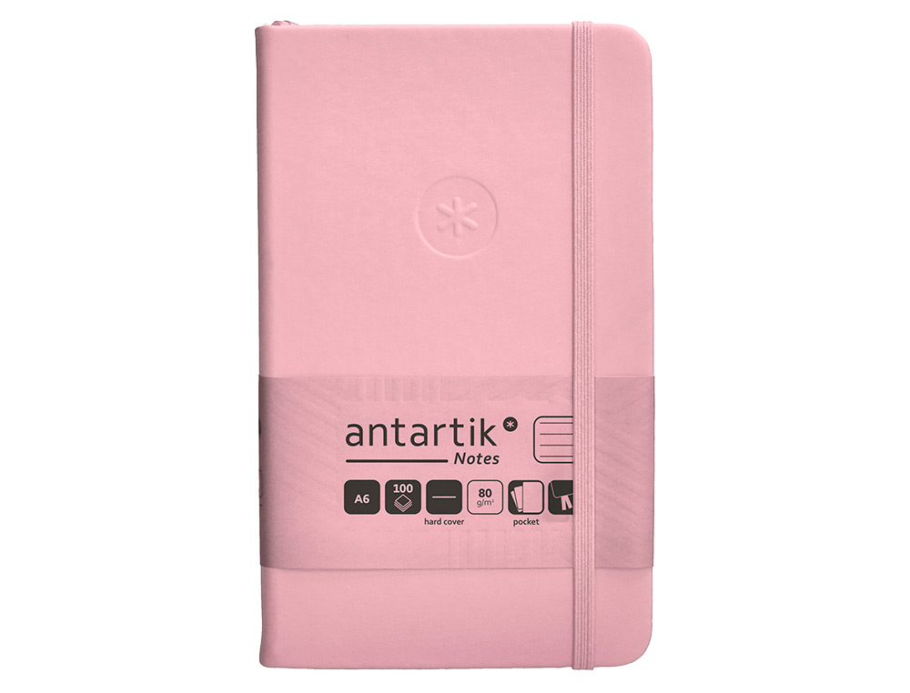 CUADERNO CON GOMILLA ANTARTIK NOTES TAPA DURA A6 HOJAS RAYAS ROSA PASTEL 100 HOJAS 80 GR FSC