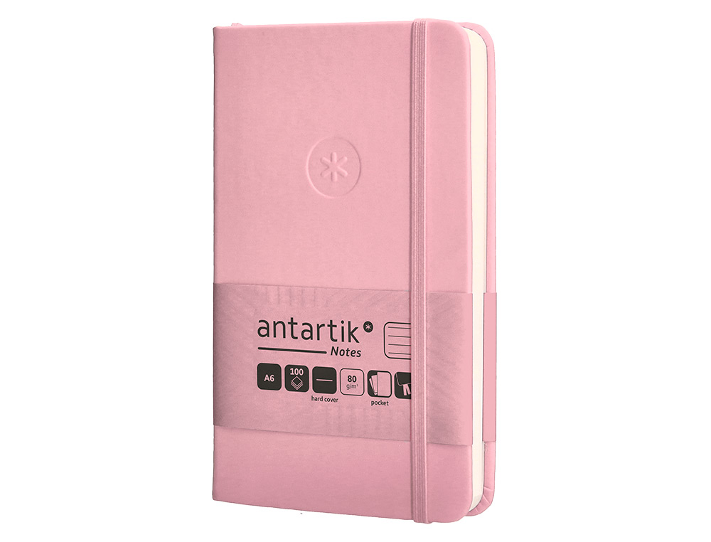 CUADERNO CON GOMILLA ANTARTIK NOTES TAPA DURA A6 HOJAS RAYAS ROSA PASTEL 100 HOJAS 80 GR FSC