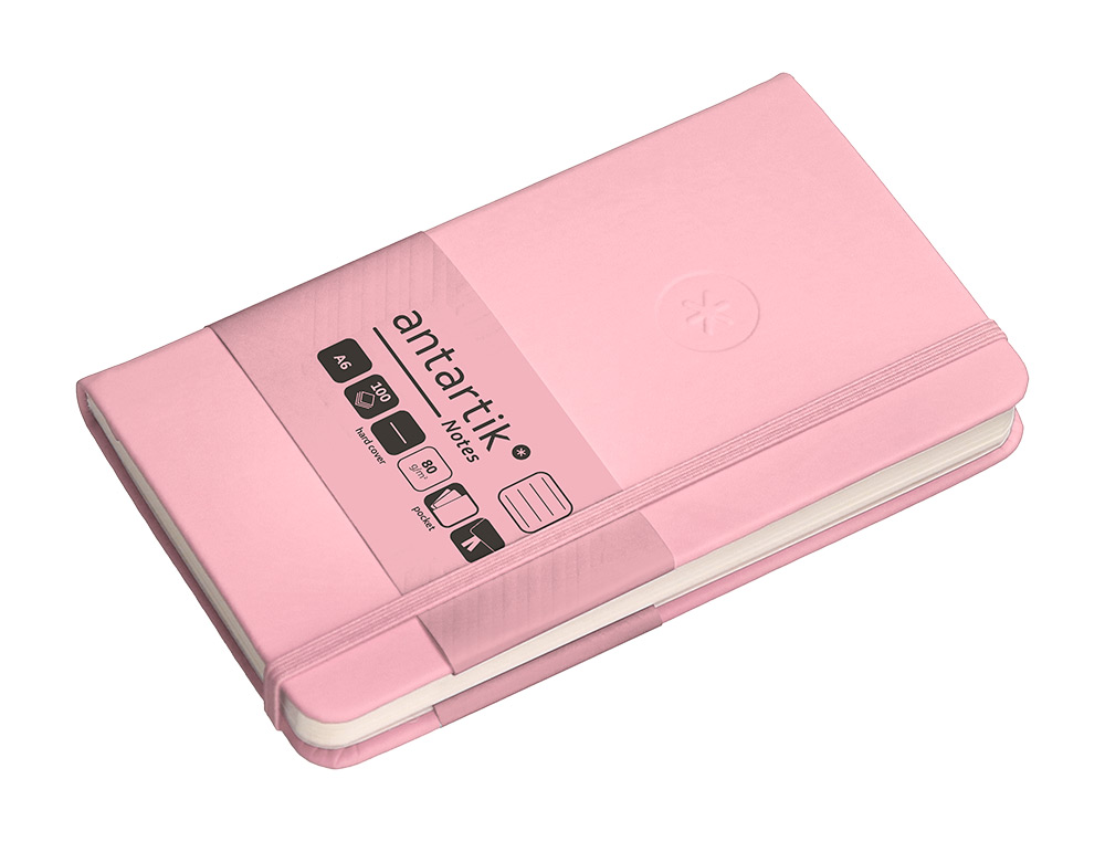 CUADERNO CON GOMILLA ANTARTIK NOTES TAPA DURA A6 HOJAS RAYAS ROSA PASTEL 100 HOJAS 80 GR FSC