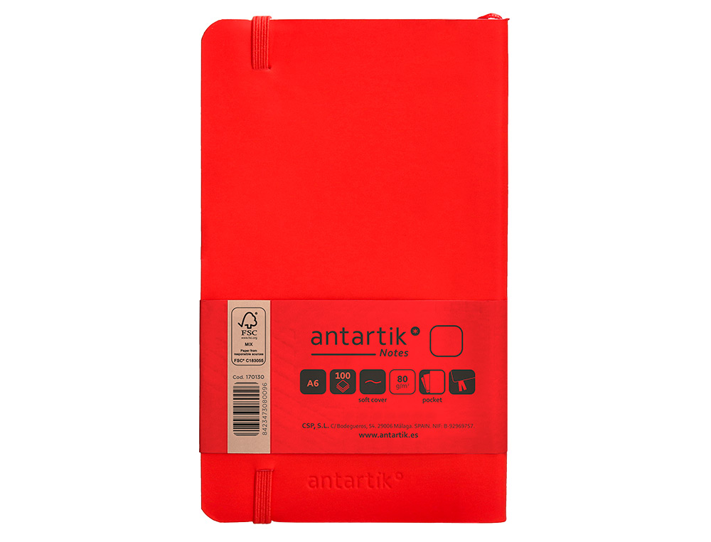 CUADERNO CON GOMILLA ANTARTIK NOTES TAPA BLANDA A6 HOJAS LISAS ROJO 100 HOJAS 80 GR FSC