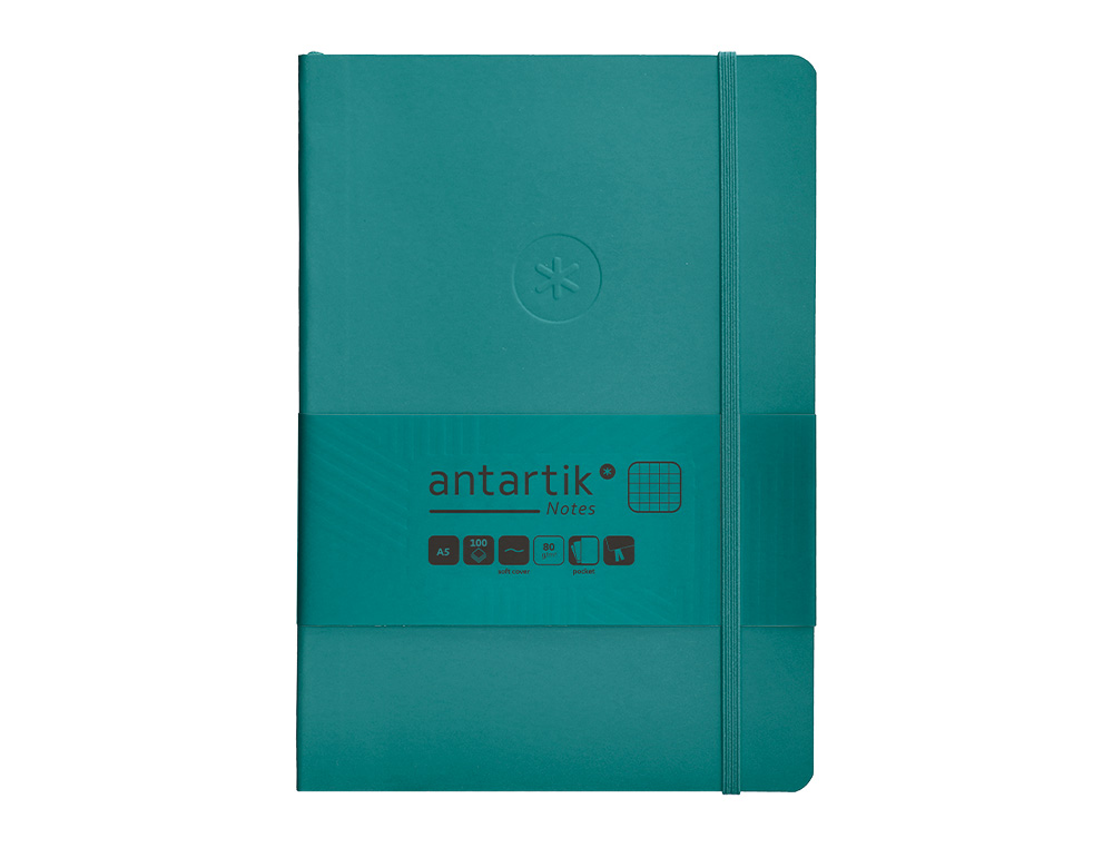 CUADERNO CON GOMILLA ANTARTIK NOTES TAPA BLANDA A5 HOJAS CUADRICULA VERDE AGUAMARINA 80 HOJAS 80 GR FSC