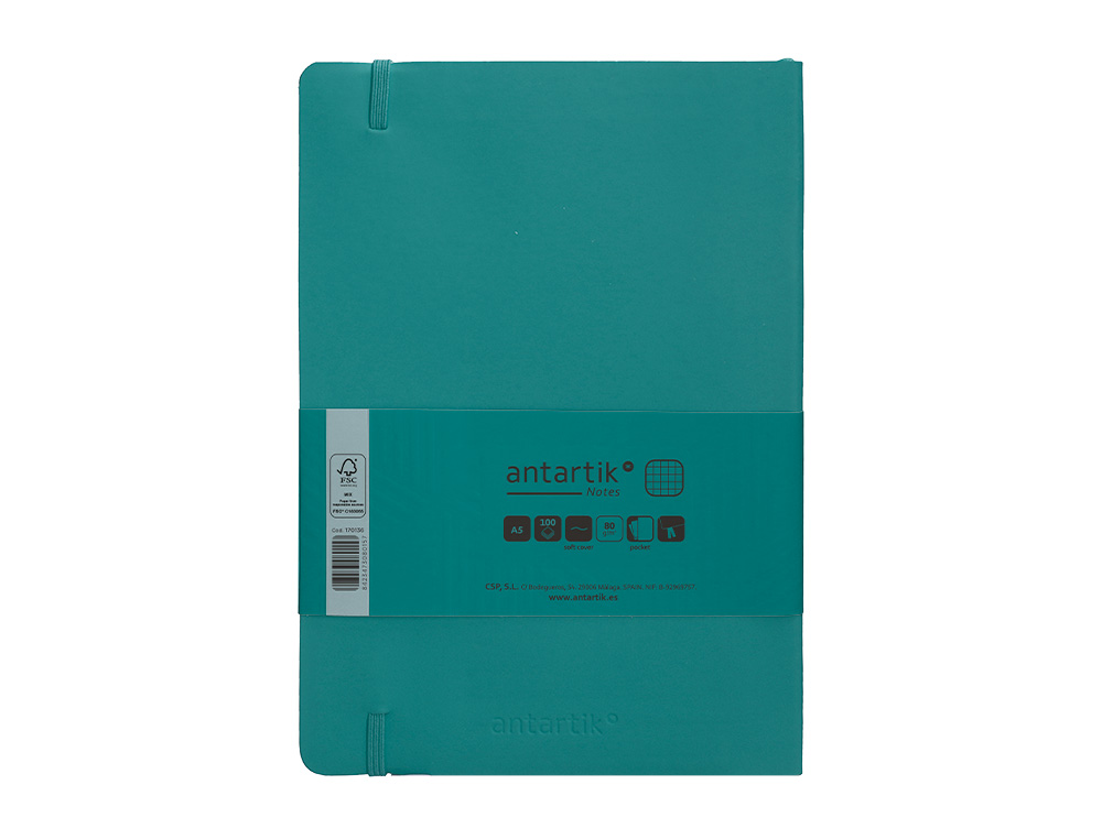 CUADERNO CON GOMILLA ANTARTIK NOTES TAPA BLANDA A5 HOJAS CUADRICULA VERDE AGUAMARINA 80 HOJAS 80 GR FSC