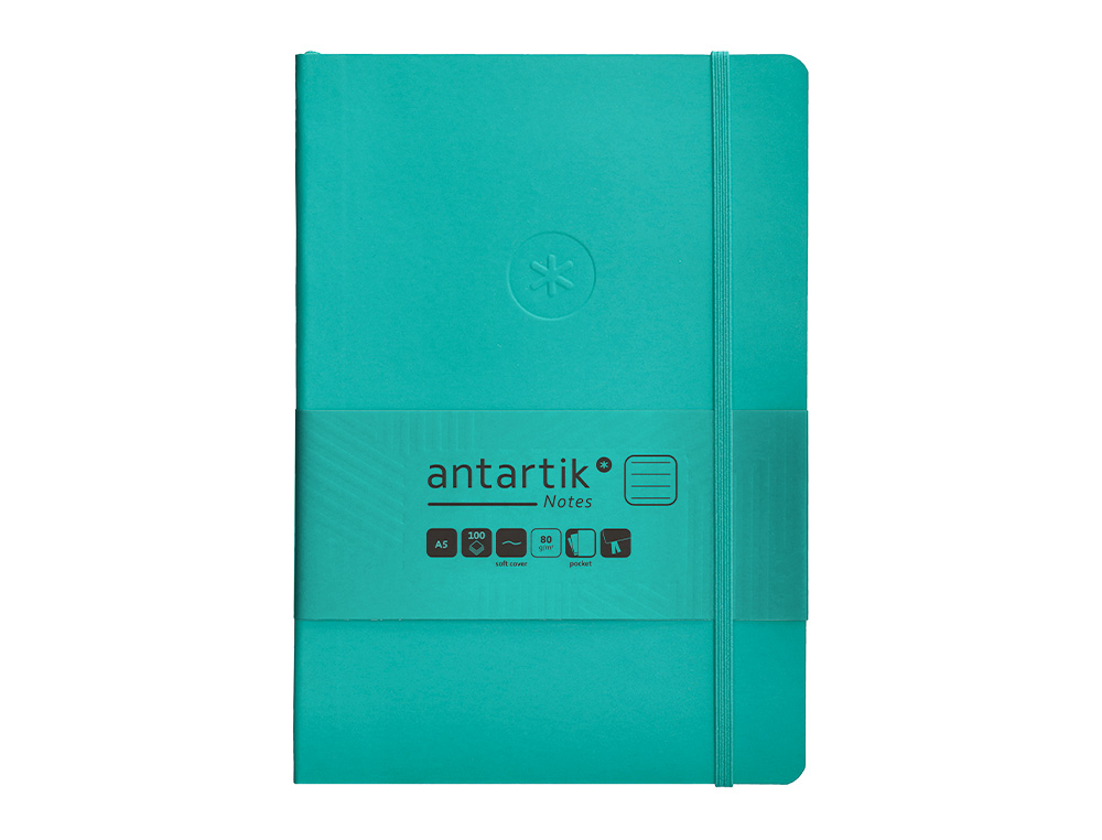 CUADERNO CON GOMILLA ANTARTIK NOTES TAPA BLANDA A5 HOJAS RAYAS TURQUESA 80 HOJAS 80 GR FSC